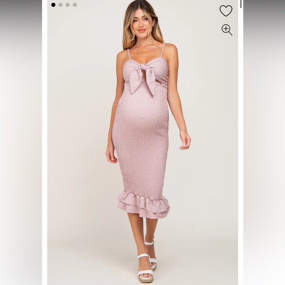 Pink Gingham Print Smocked Fitted Self-Tie Maternity Midi Dress - Picture 3 of 6